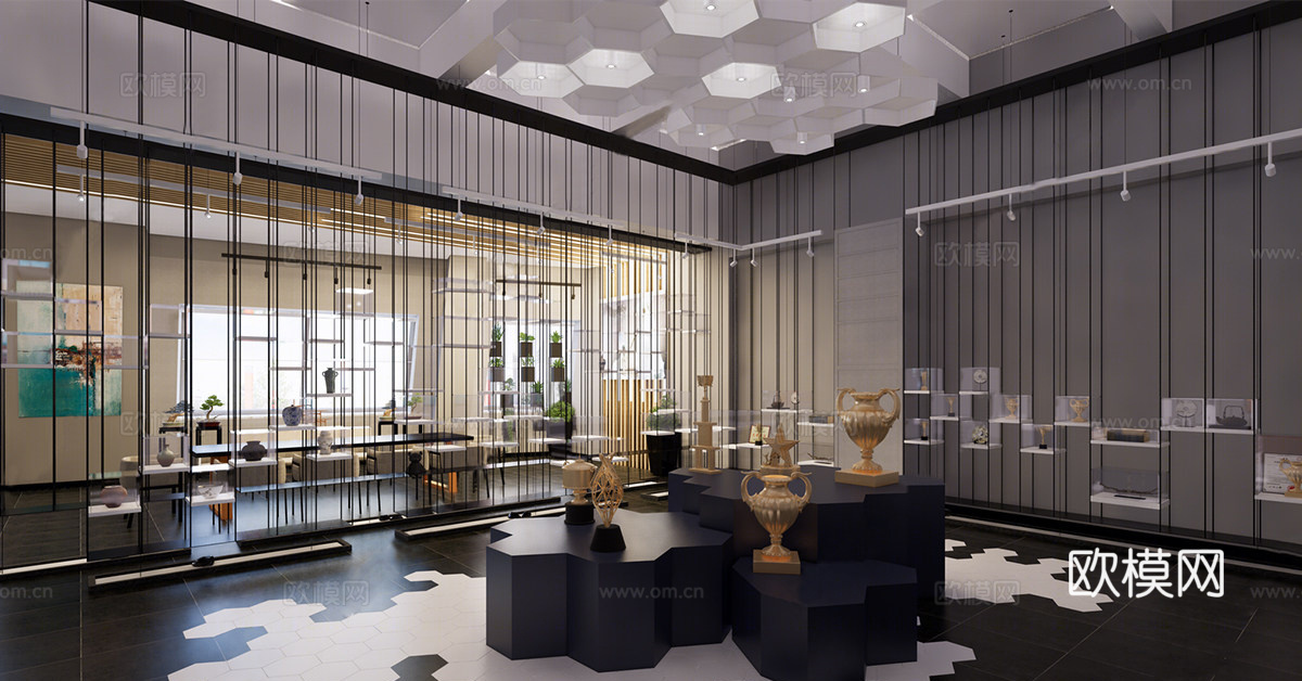 现代陶瓷展厅 文化艺术博物馆 奖杯展厅su模型