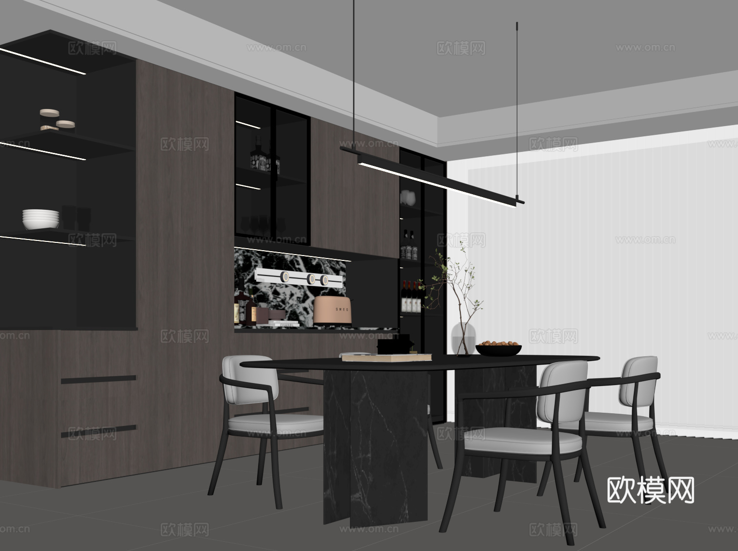 现代意式餐厅 餐桌椅 餐边柜 酒柜su模型