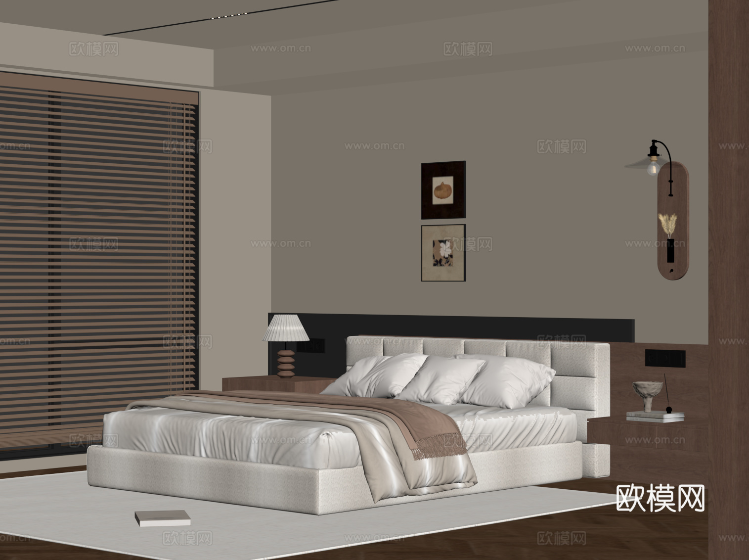 中古风卧室 双人床 背景墙 床头柜 装饰画su模型