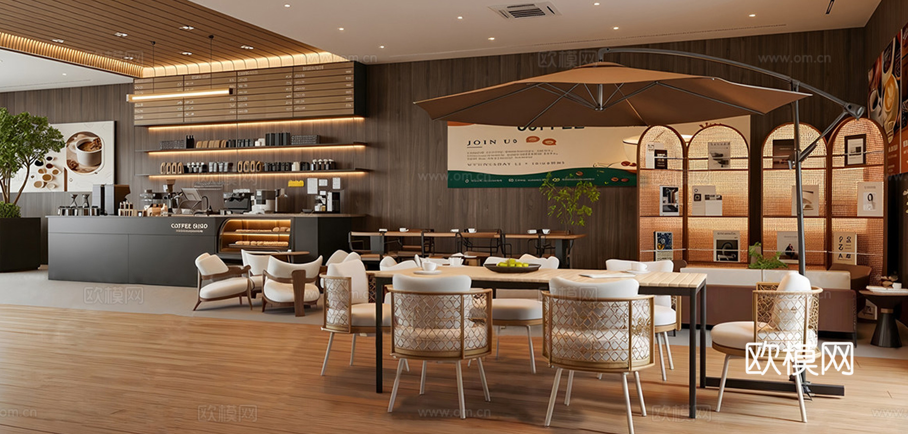 现代咖啡厅 吧台水吧台 咖啡厅休闲桌椅 咖啡卡座 书吧su模型