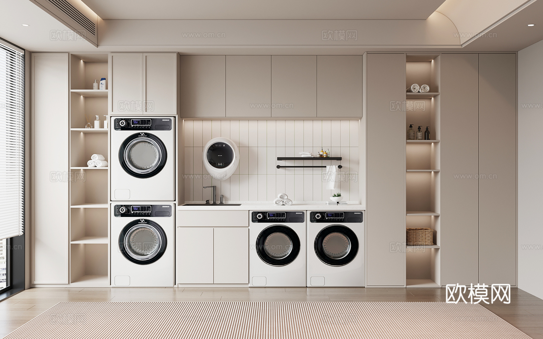 现代洗衣房 现代洗衣机柜 晾衣架su模型