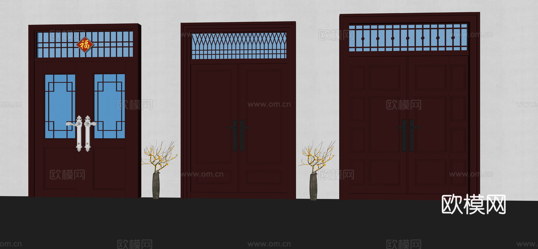 双开门  新中式大门su模型