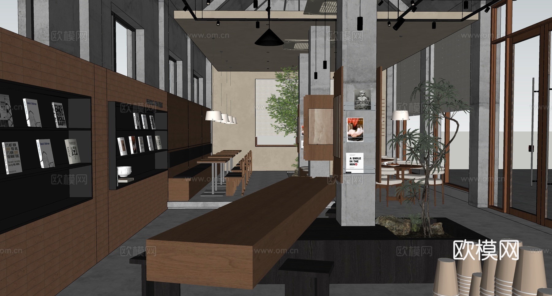 工业复古咖啡厅 奶茶店 咖啡吧台水吧台 咖啡桌椅组合 书吧su模型