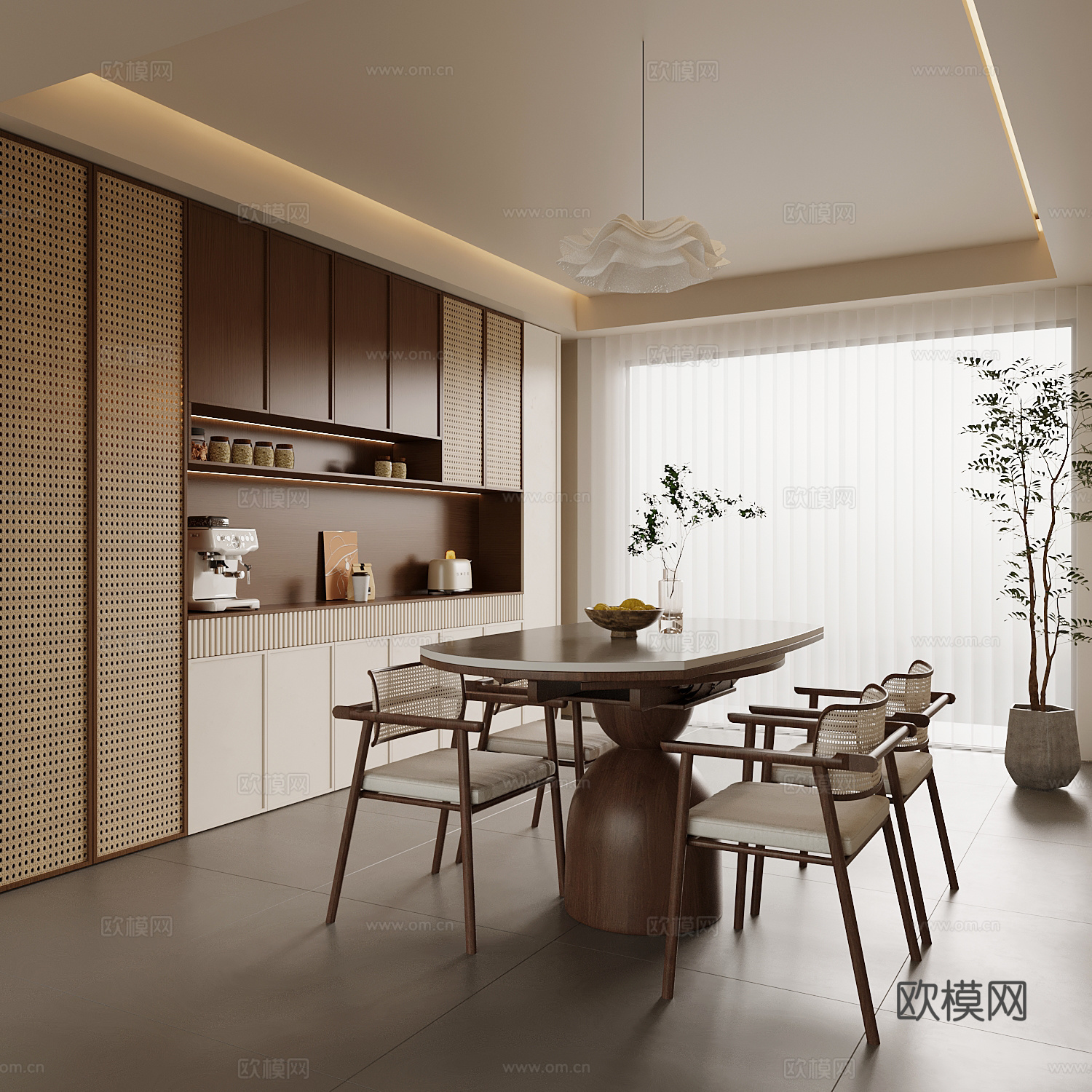 新中式餐厅 餐桌椅 餐边柜su模型