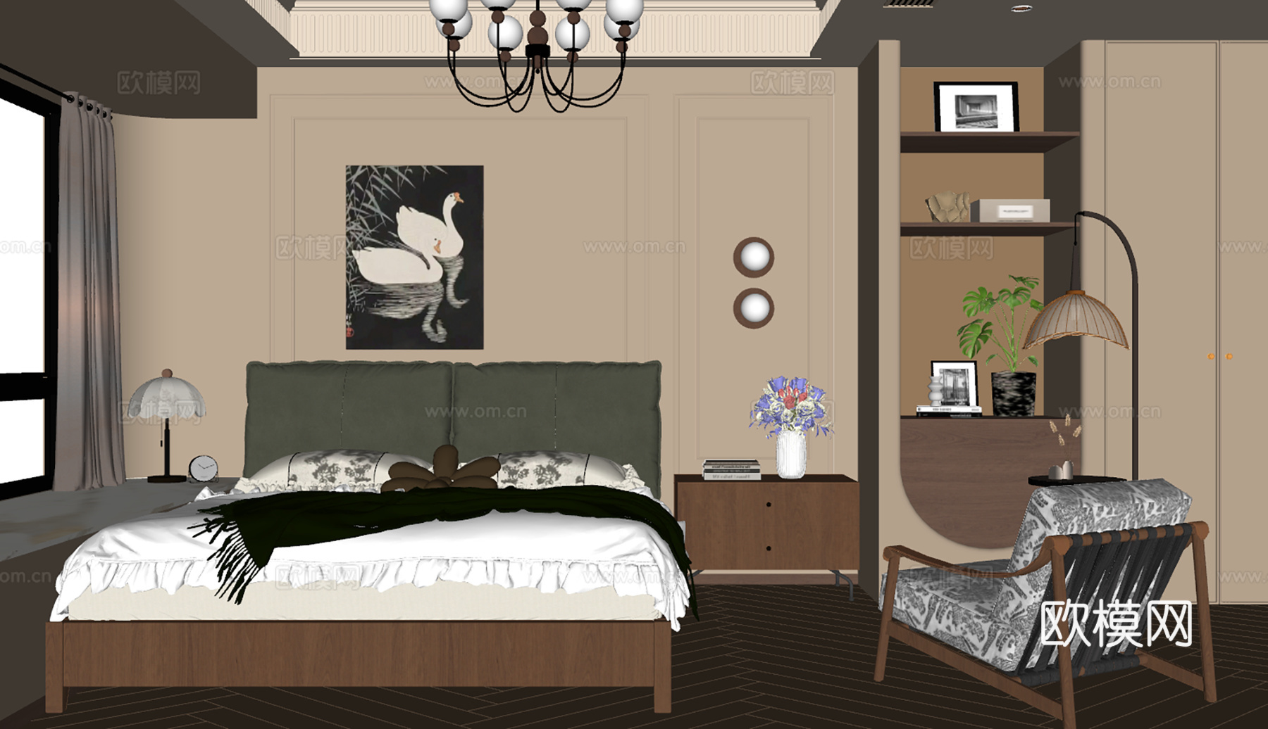 法式中古风主卧室 卧室复古吊灯 皮质双人床 主卧衣柜 休闲椅su模型
