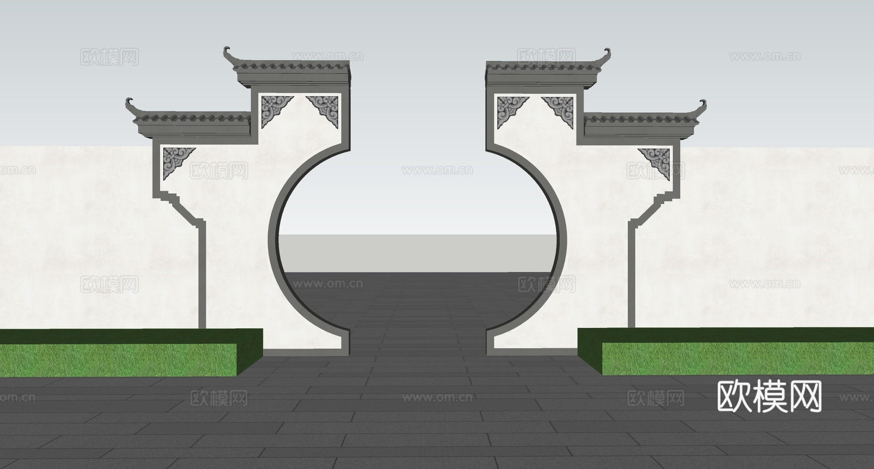 新中式月洞门景墙 苏式庭院景观su模型