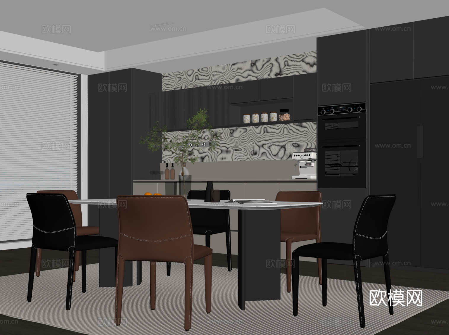 现代意式餐厅 餐桌椅 餐边柜su模型