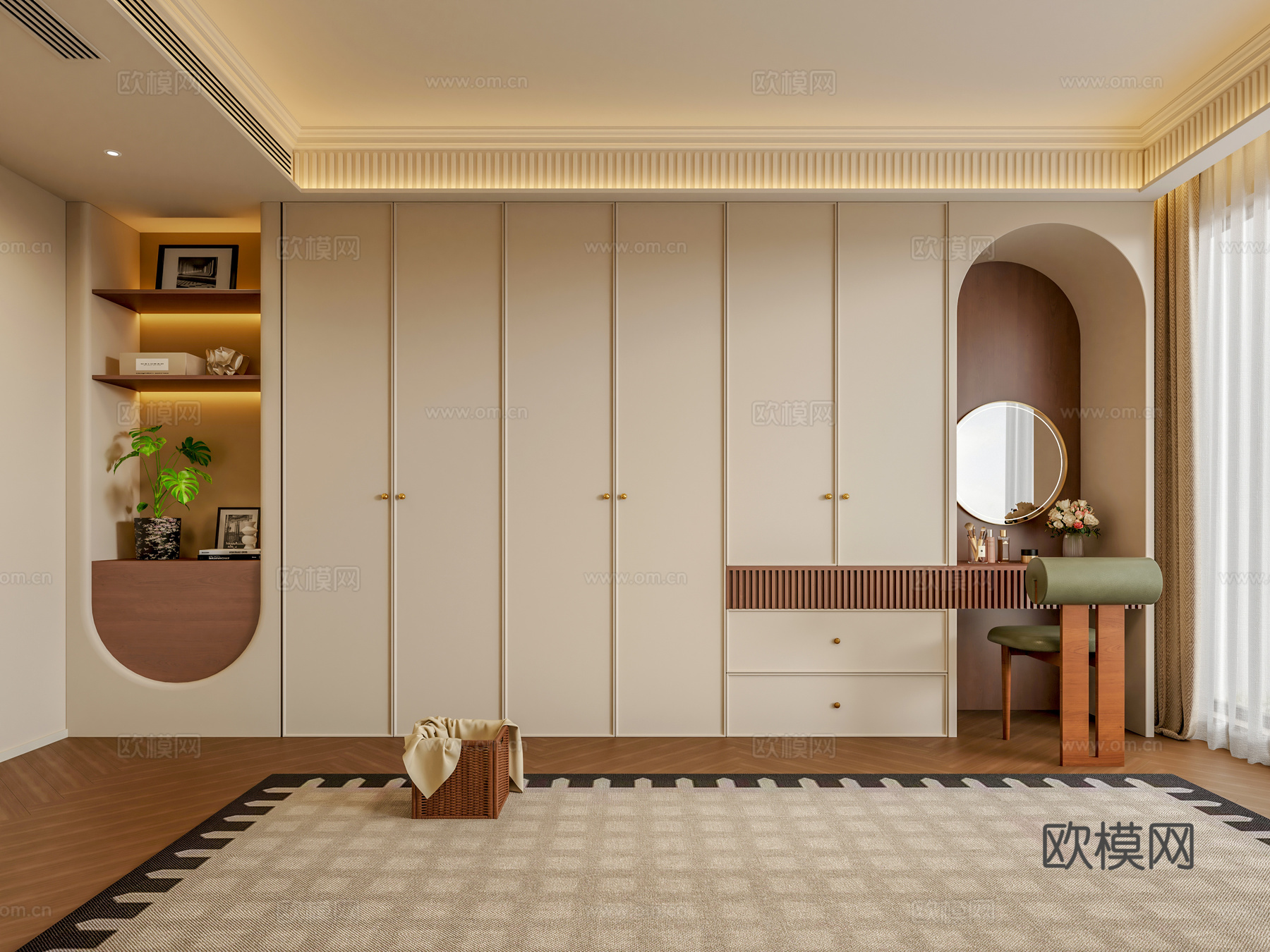 法式中古风卧室衣柜衣柜接梳妆台端景柜主卧衣柜梳妆柜su模型