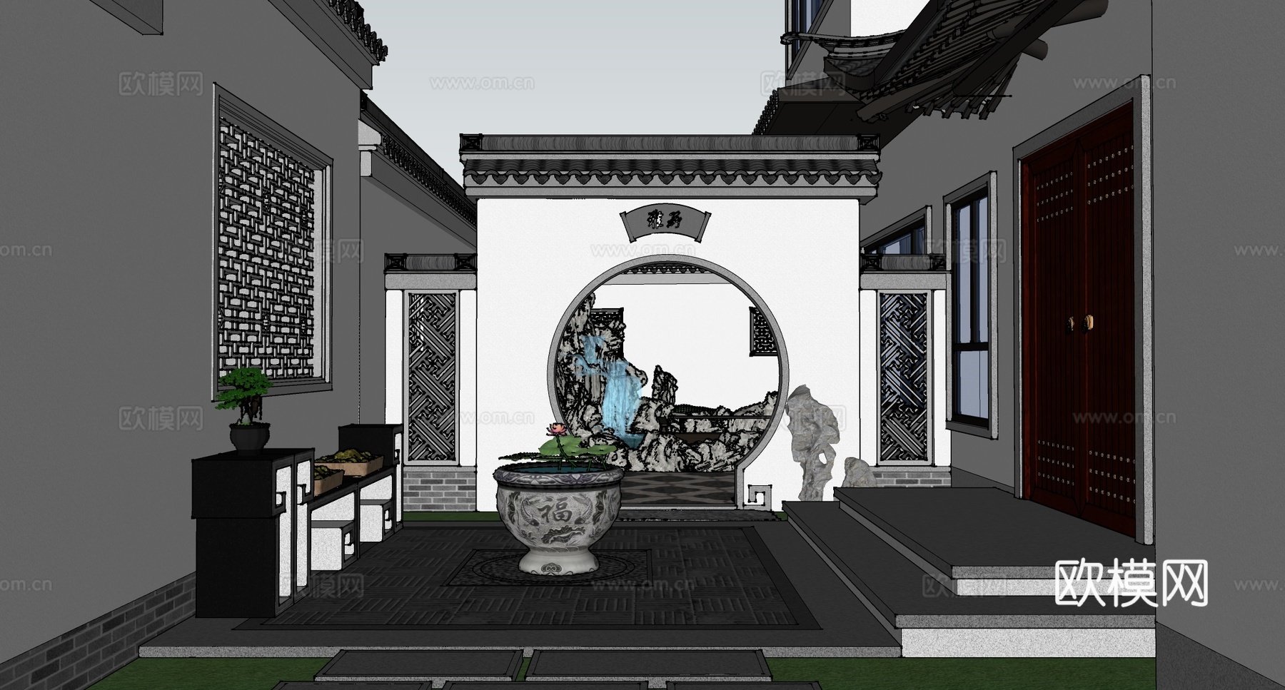 中式庭院花园 别墅置石 景墙月洞门su模型