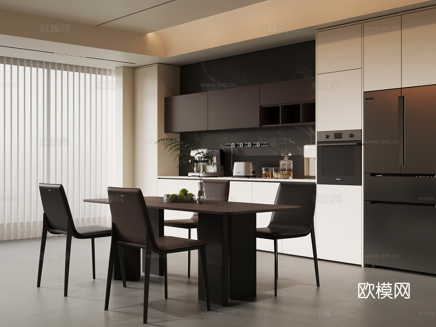现代意式餐厅 餐桌椅 酒柜su模型