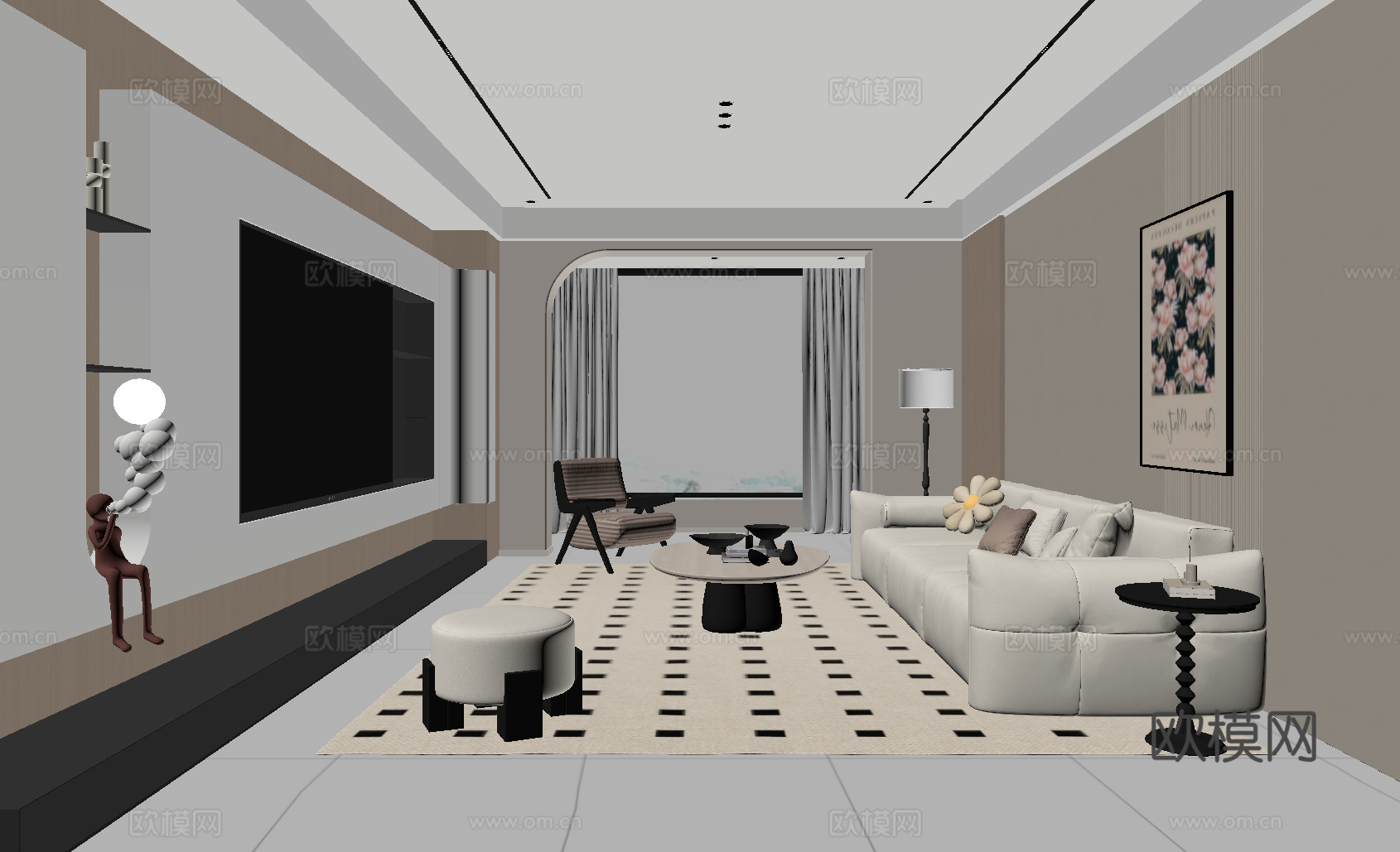 现代奶油风客厅su模型