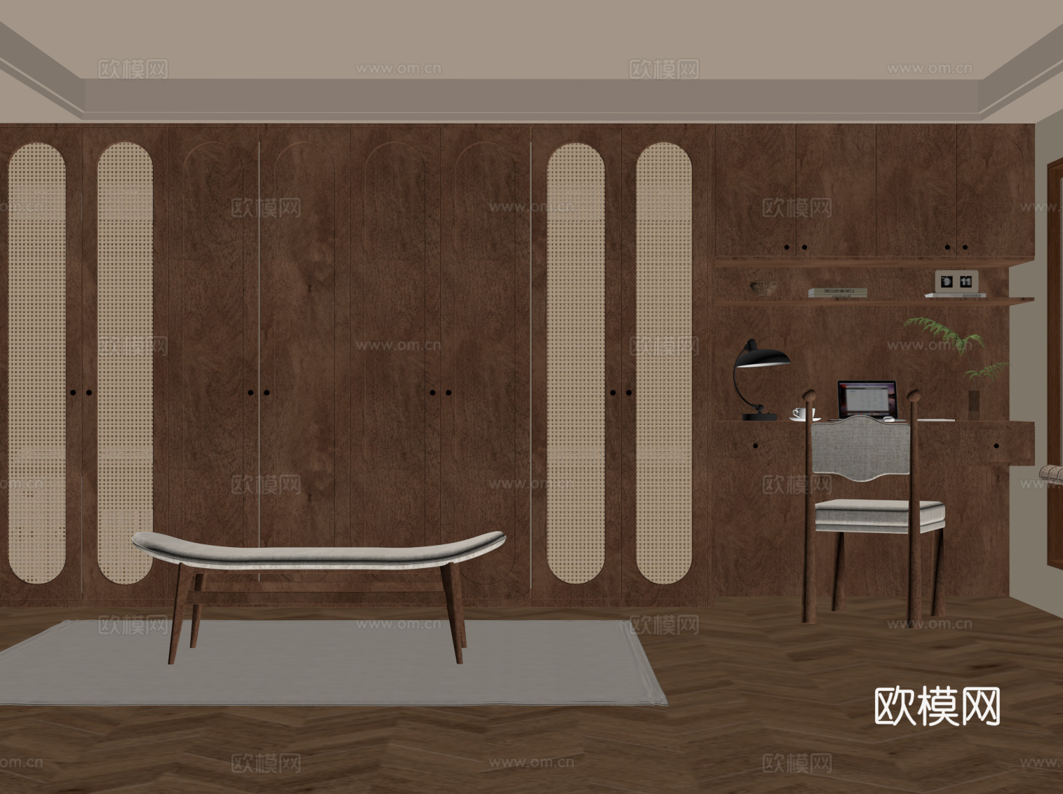 中古风衣帽间 一体衣柜 换鞋凳su模型