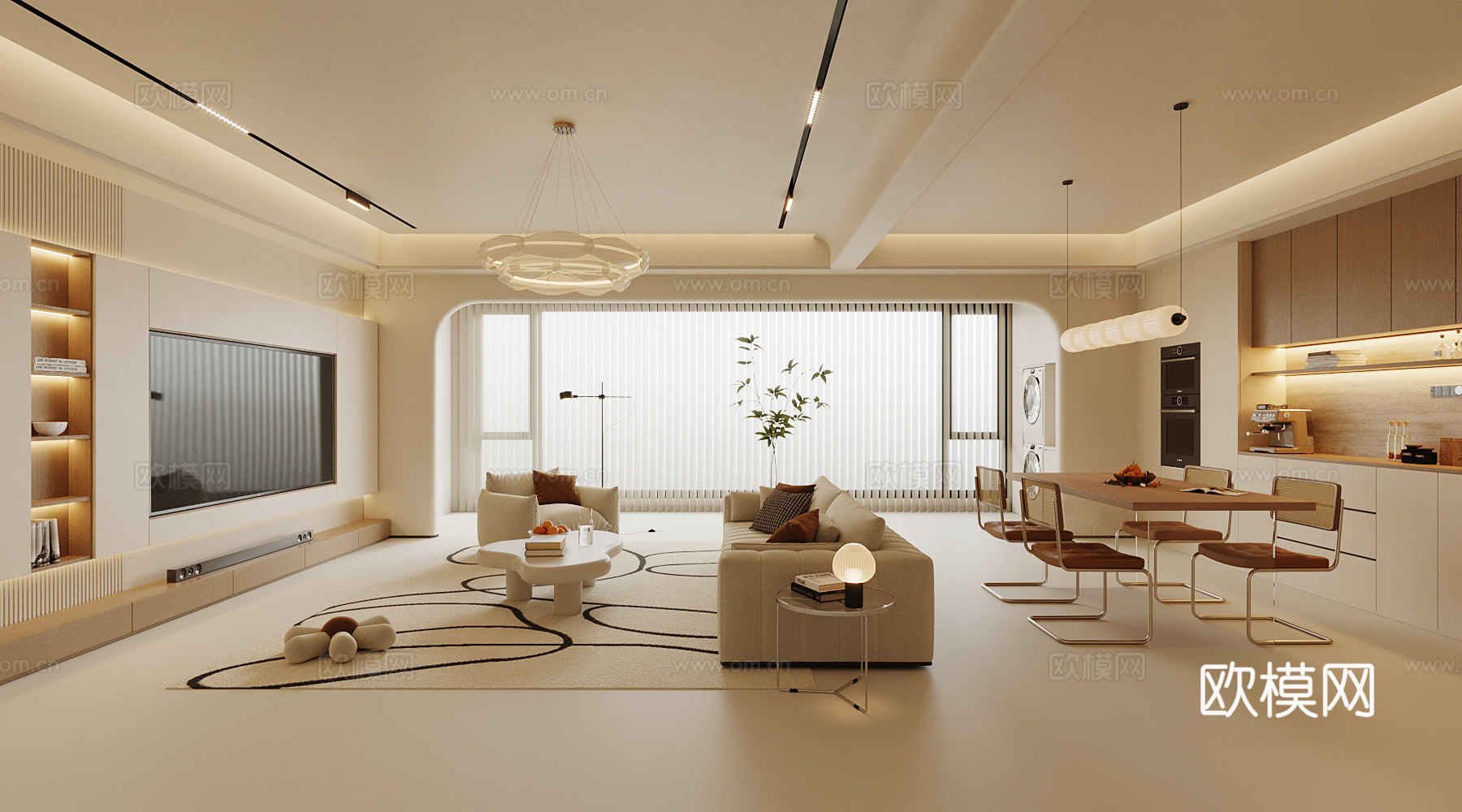 现代奶油风 客餐厅 餐桌椅 酒柜 电视背景墙su模型