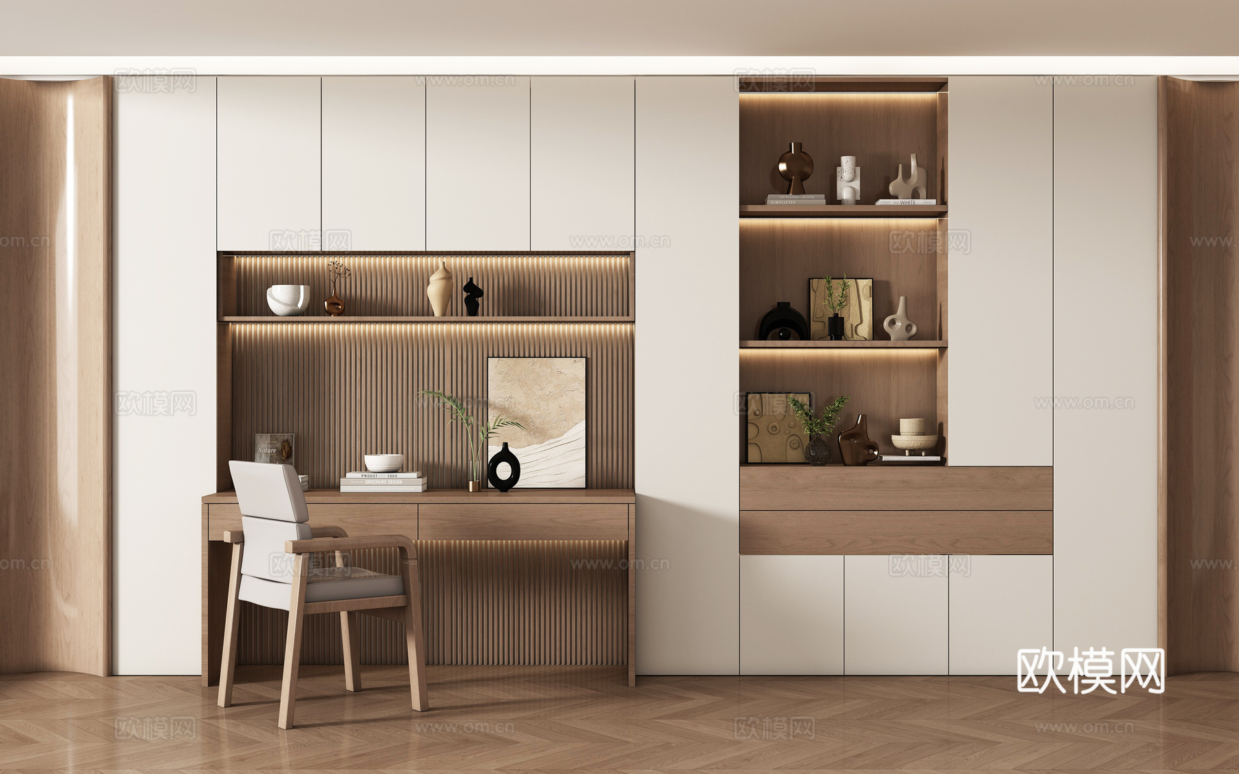 现代书房 书桌书柜组合 储物柜背景柜 装饰柜su模型