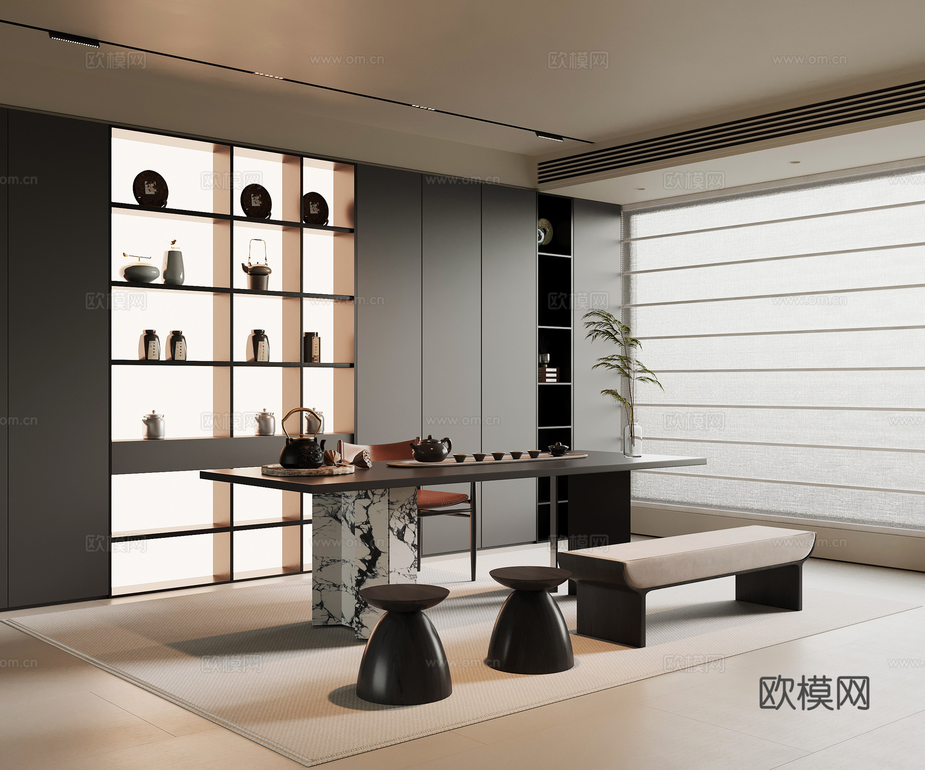 现代意式茶室 茶桌椅 茶柜su模型