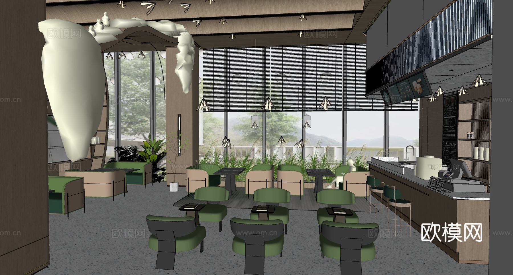现代咖啡厅 奶茶店 咖啡吧台水吧台 咖啡桌椅卡座组合su模型