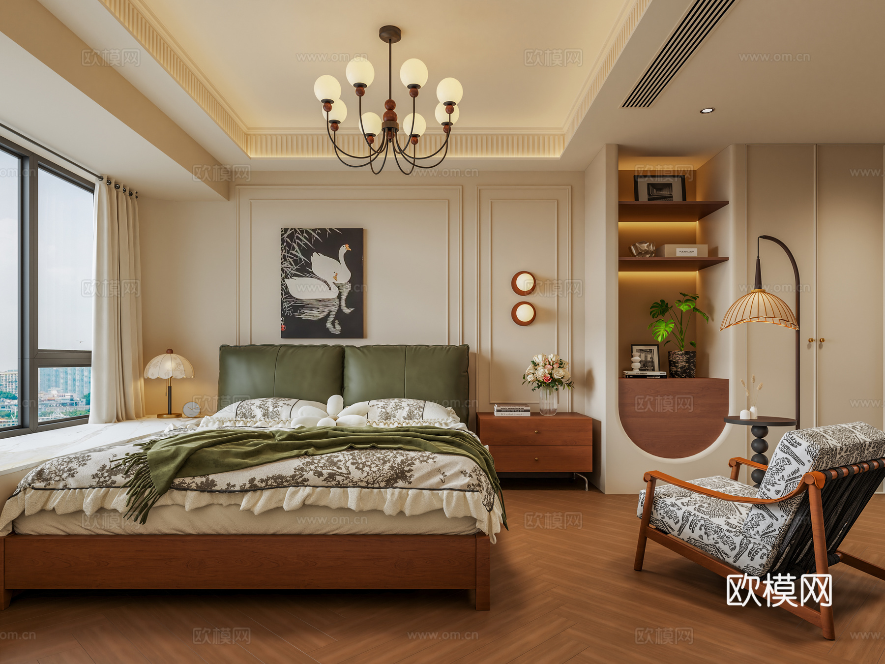 法式中古风主卧室 卧室复古吊灯 皮质双人床 主卧衣柜 休闲椅su模型