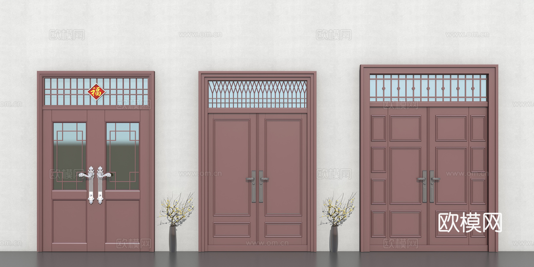 双开门  新中式大门su模型