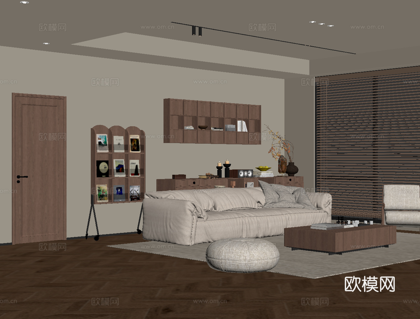 现代中古风客厅 家居客厅 沙发茶几组合 矮柜 书柜su模型