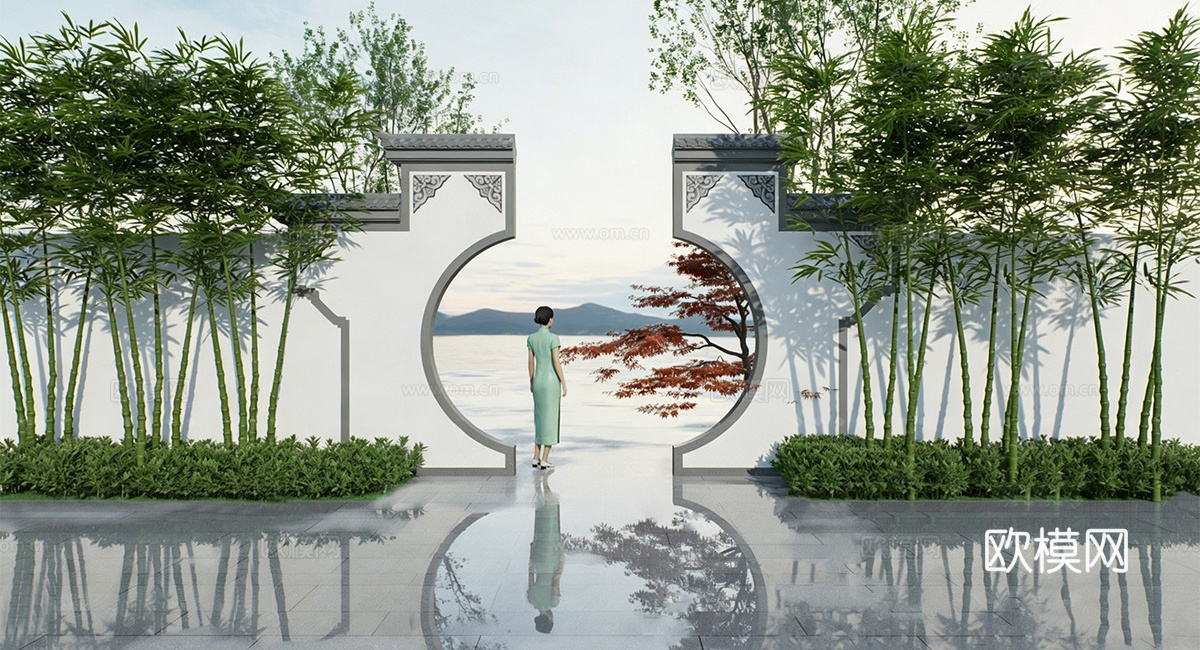 新中式月洞门景墙 苏式庭院景观su模型
