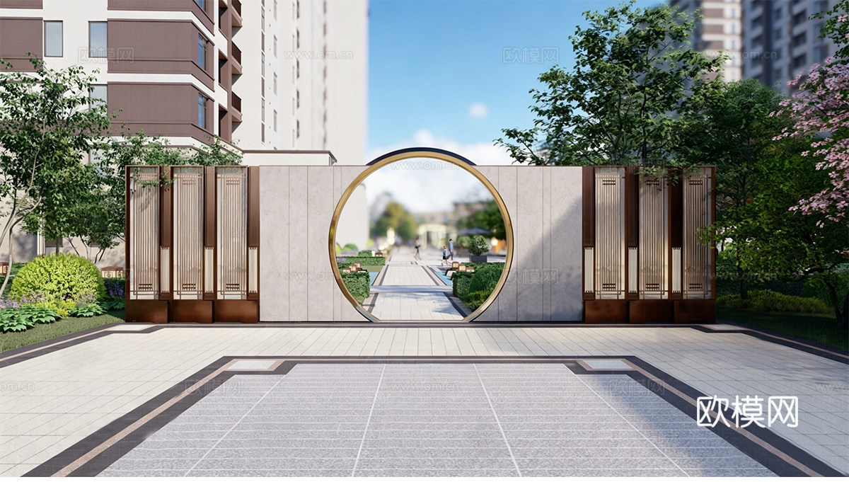 新中式中式景墙 新中式月亮门su模型