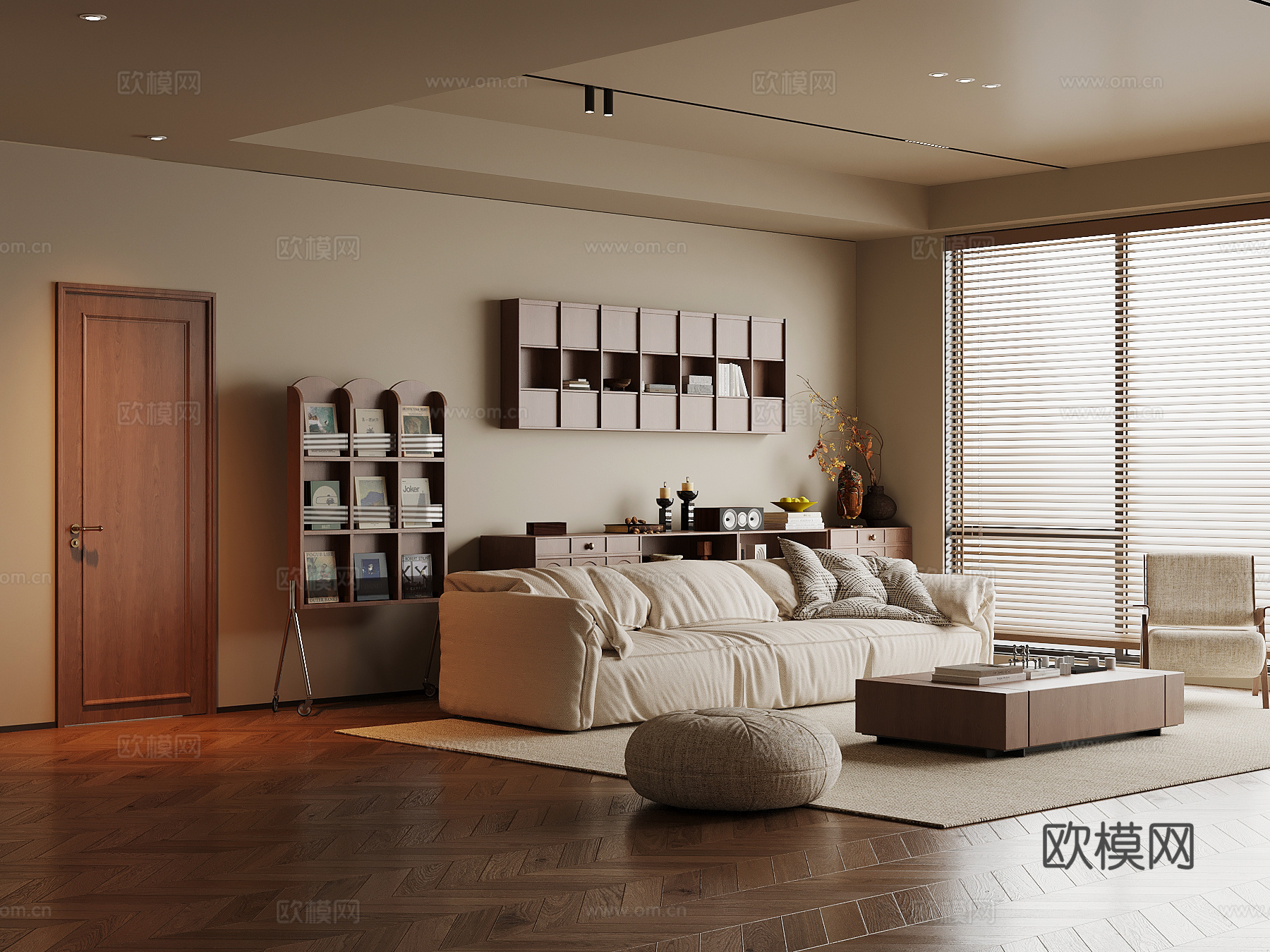 现代中古风客厅 家居客厅 沙发茶几组合 矮柜 书柜su模型