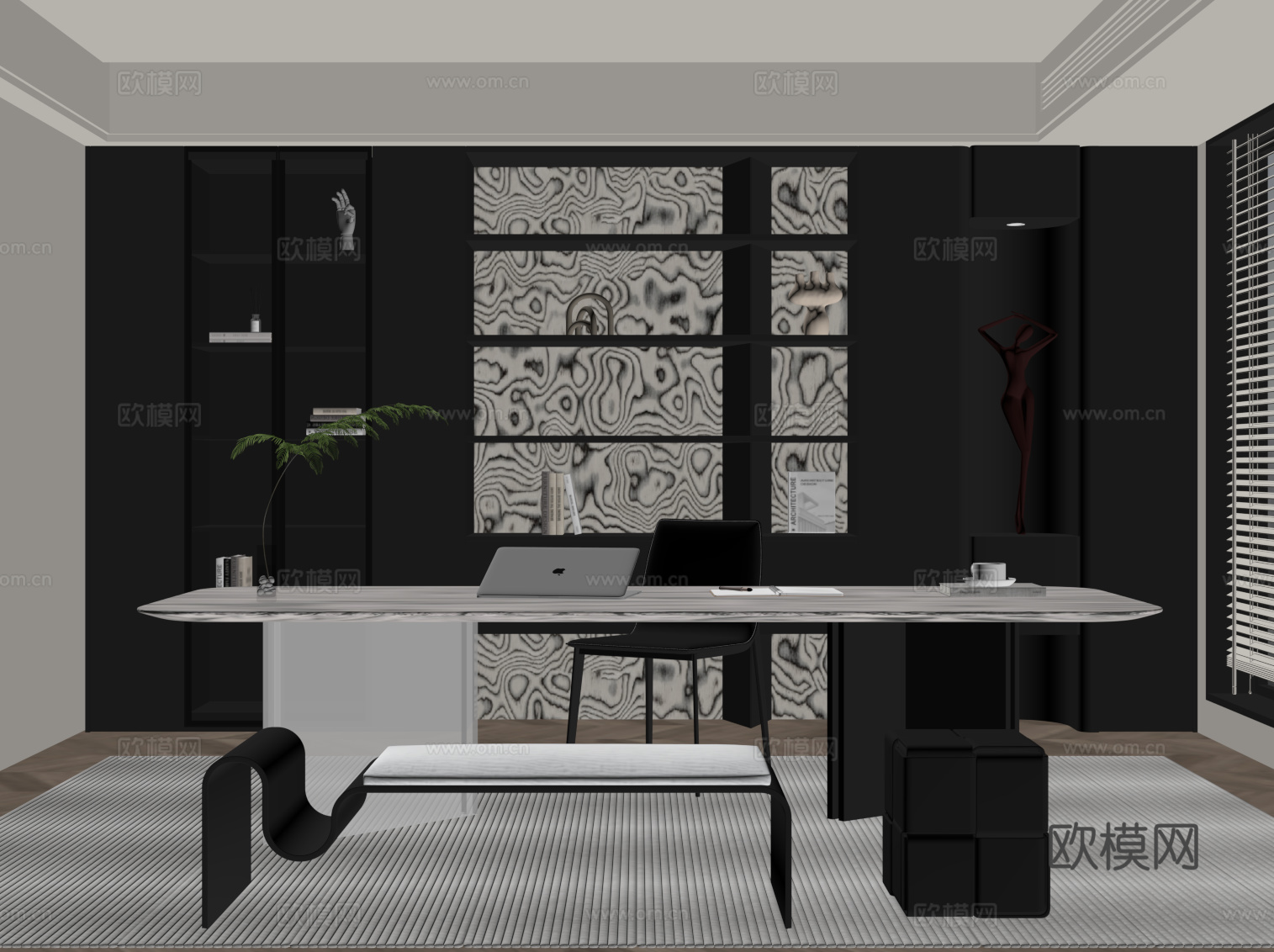 现代意式书房 书桌椅 书柜su模型