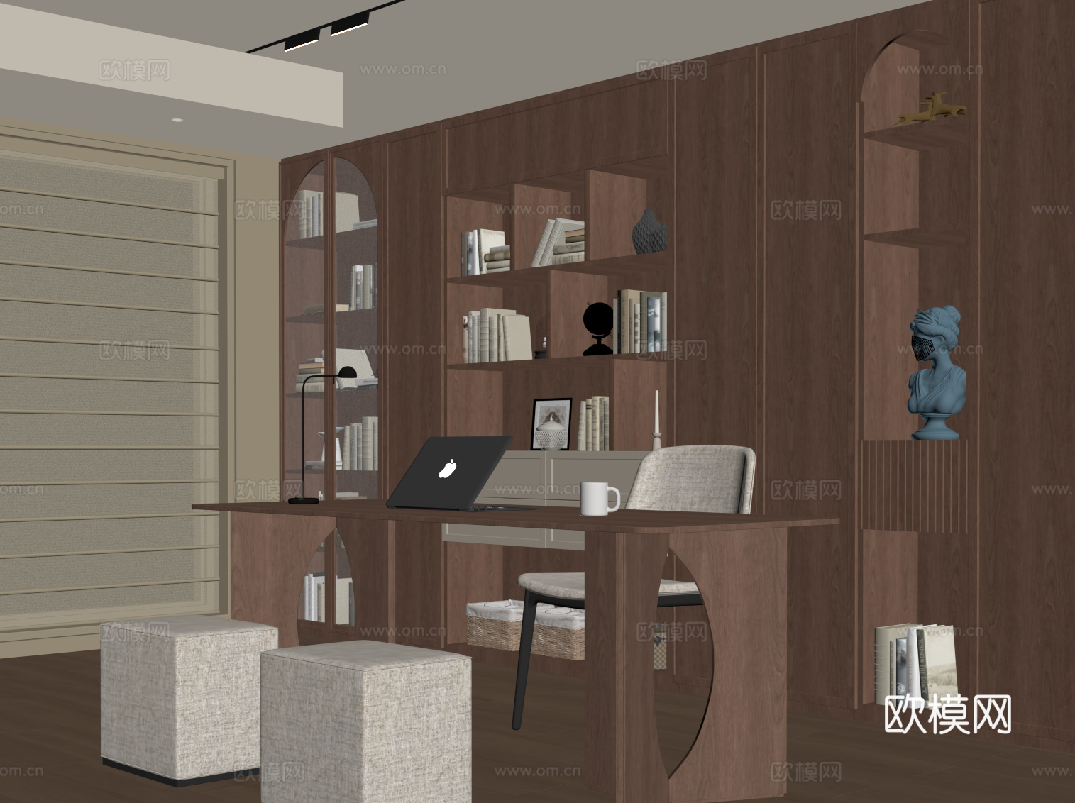 现代中古风书房 书柜 书桌椅su模型