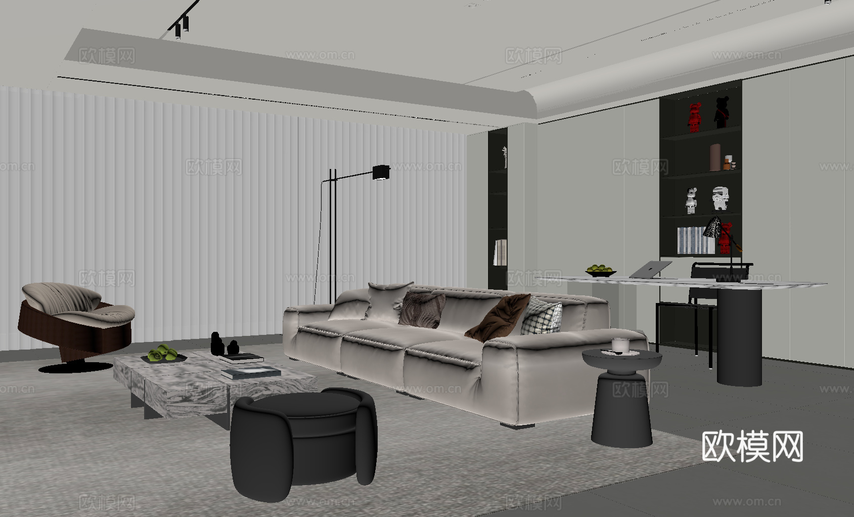 现代意式客厅 沙发茶几组合 书柜 书桌椅su模型