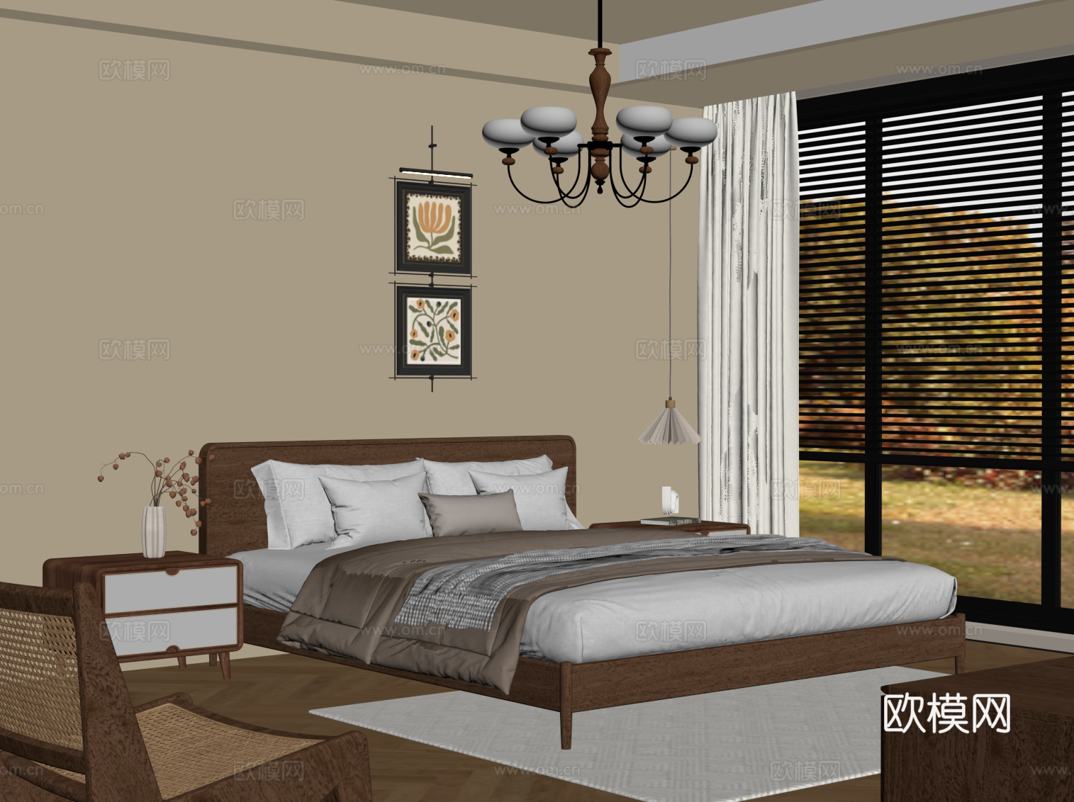 中古风卧室 双人床 床头柜su模型