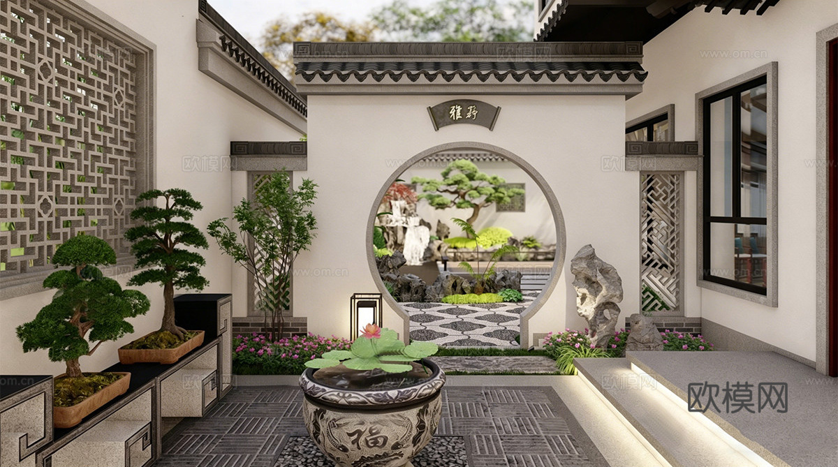 中式庭院花园 别墅置石 景墙月洞门su模型