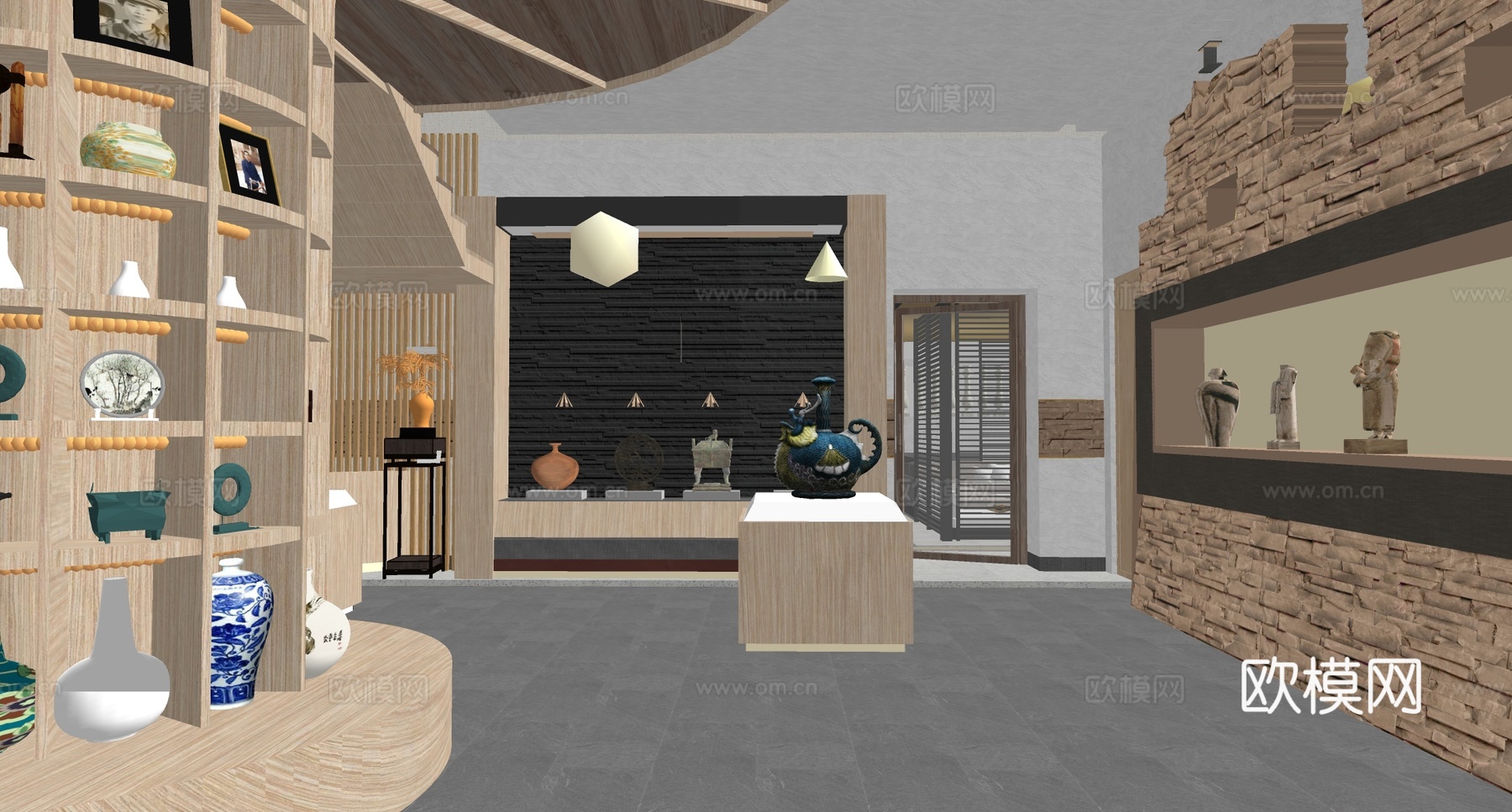 现代陶瓷文化展厅 博物馆 收藏馆 文物橱柜su模型