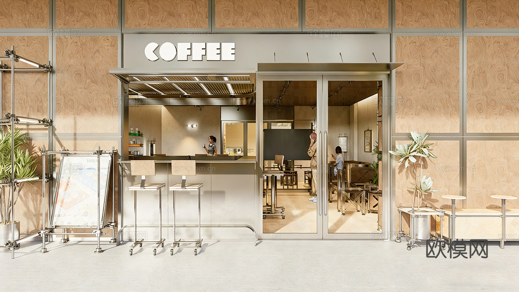 现代咖啡厅门头  咖啡吧台水吧台 咖啡桌椅组合su模型