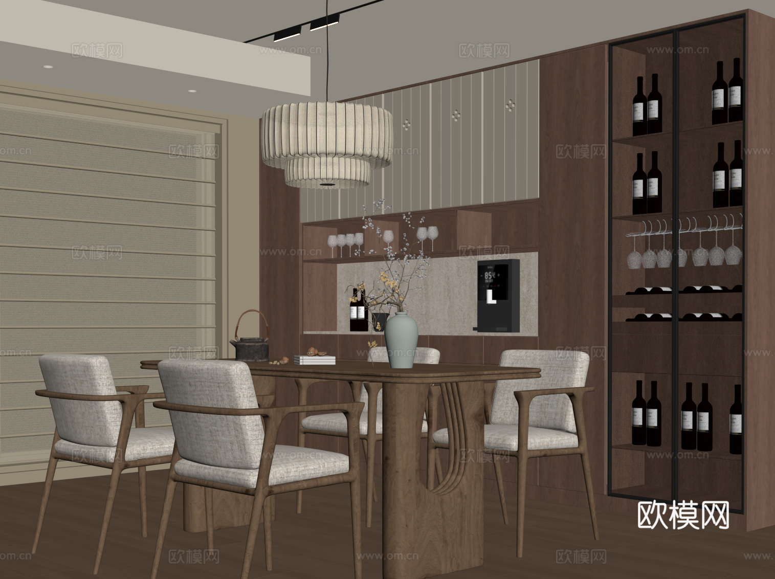 现代中古风餐厅 餐桌椅 餐边柜 酒柜su模型