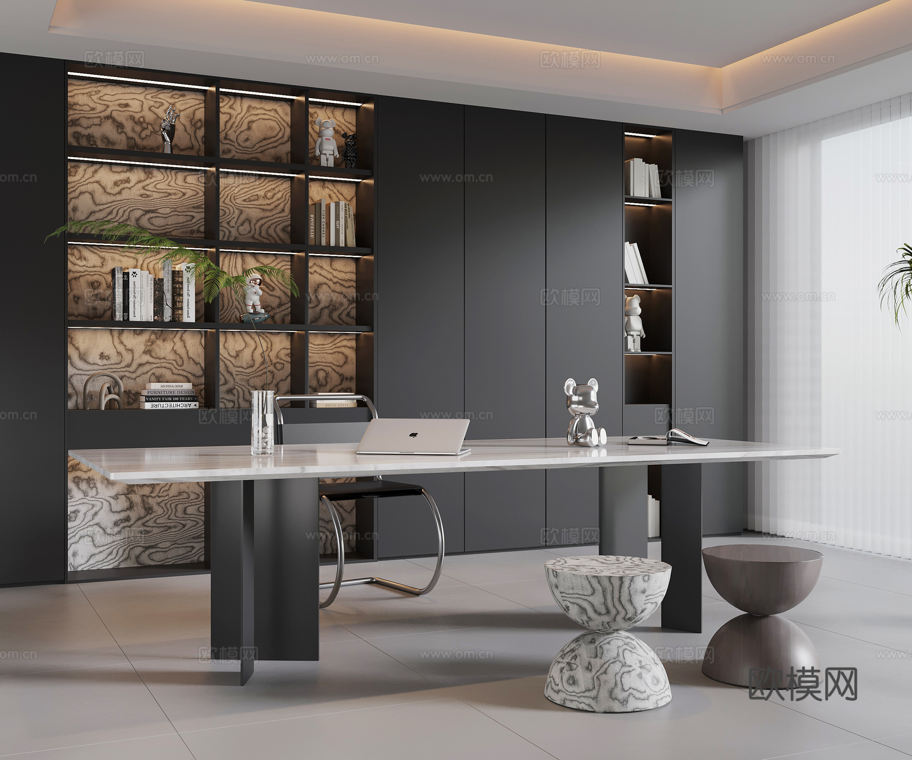 现代意式书房 书桌椅 书柜su模型