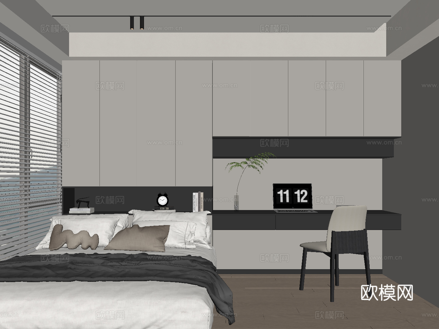 现代榻榻米卧室 黑白灰榻榻米卧室su模型