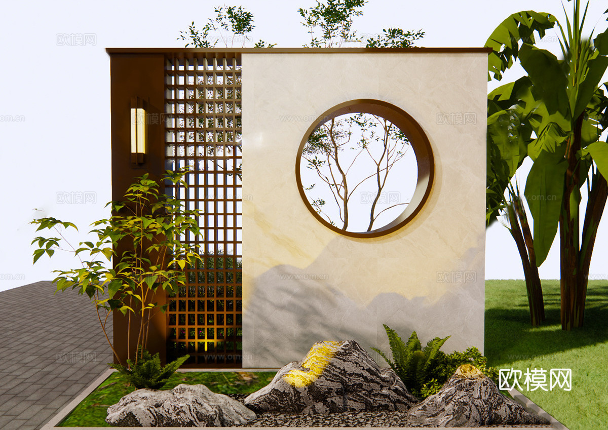 新中式现代景墙 景观墙 入户景墙 照壁 宋式美学 别墅庭院su模型