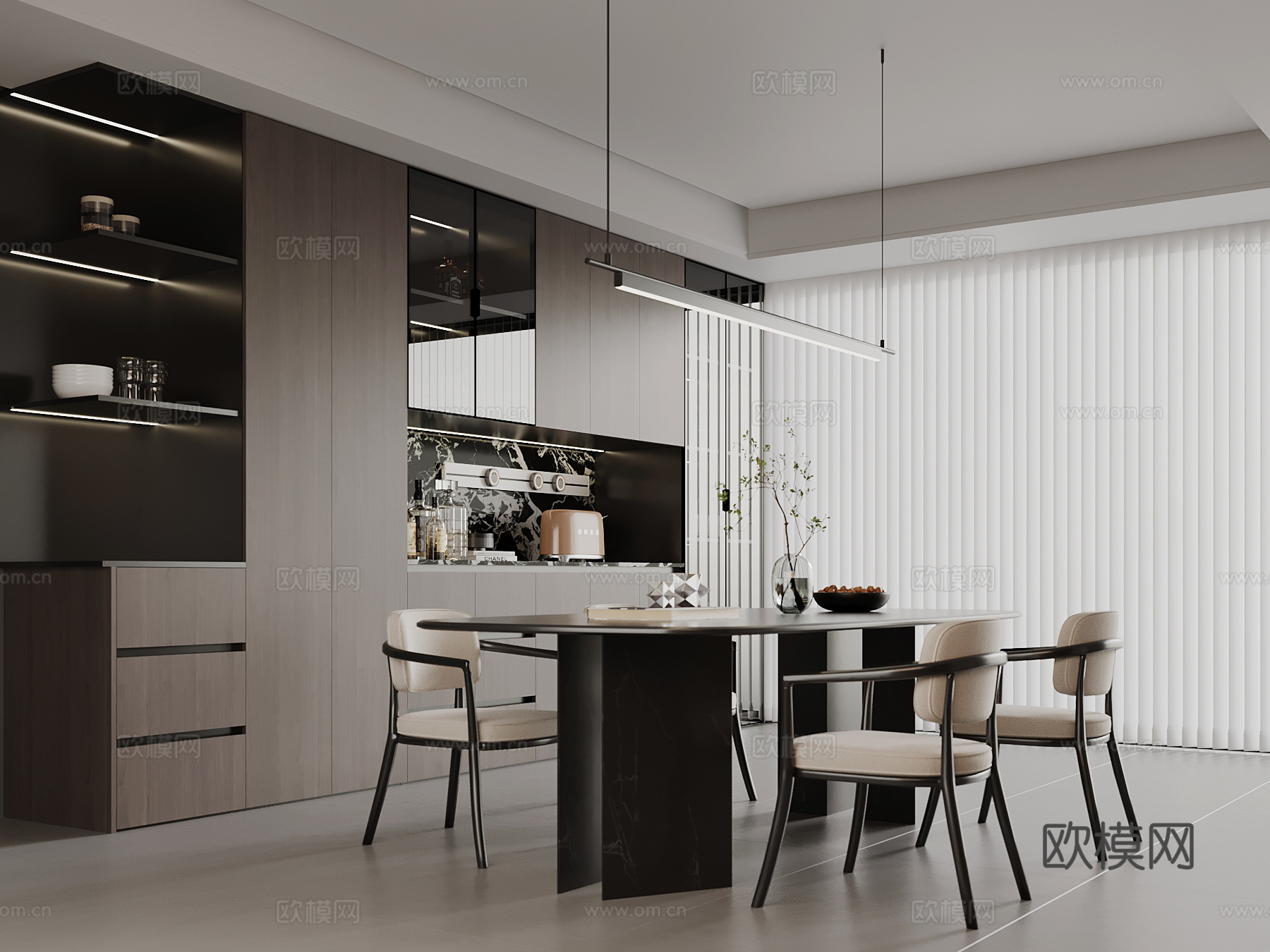 现代意式餐厅 餐桌椅 餐边柜 酒柜su模型
