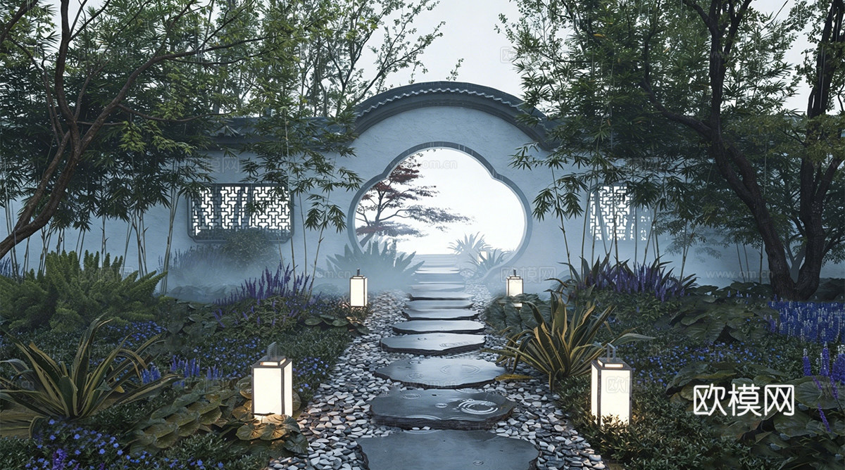 新中式庭院景观 月洞门景墙su模型