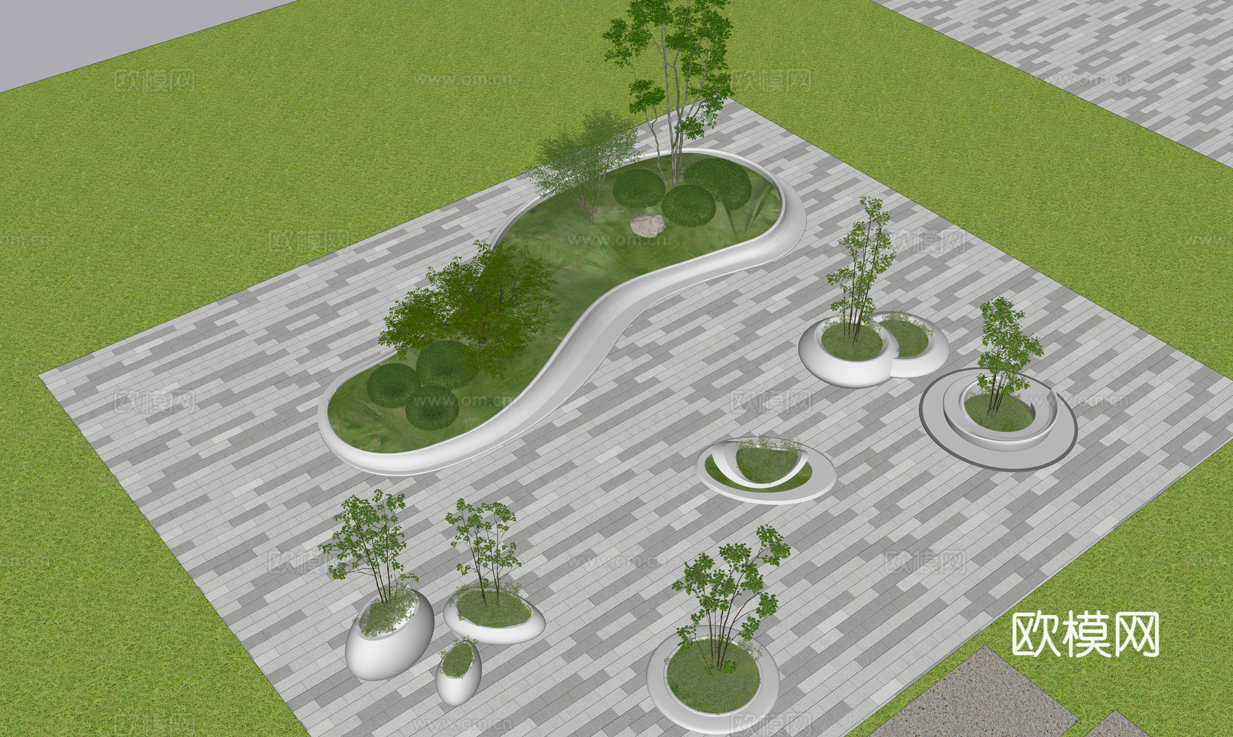 现代花池  异形花池  曲线花池  座位花池su模型