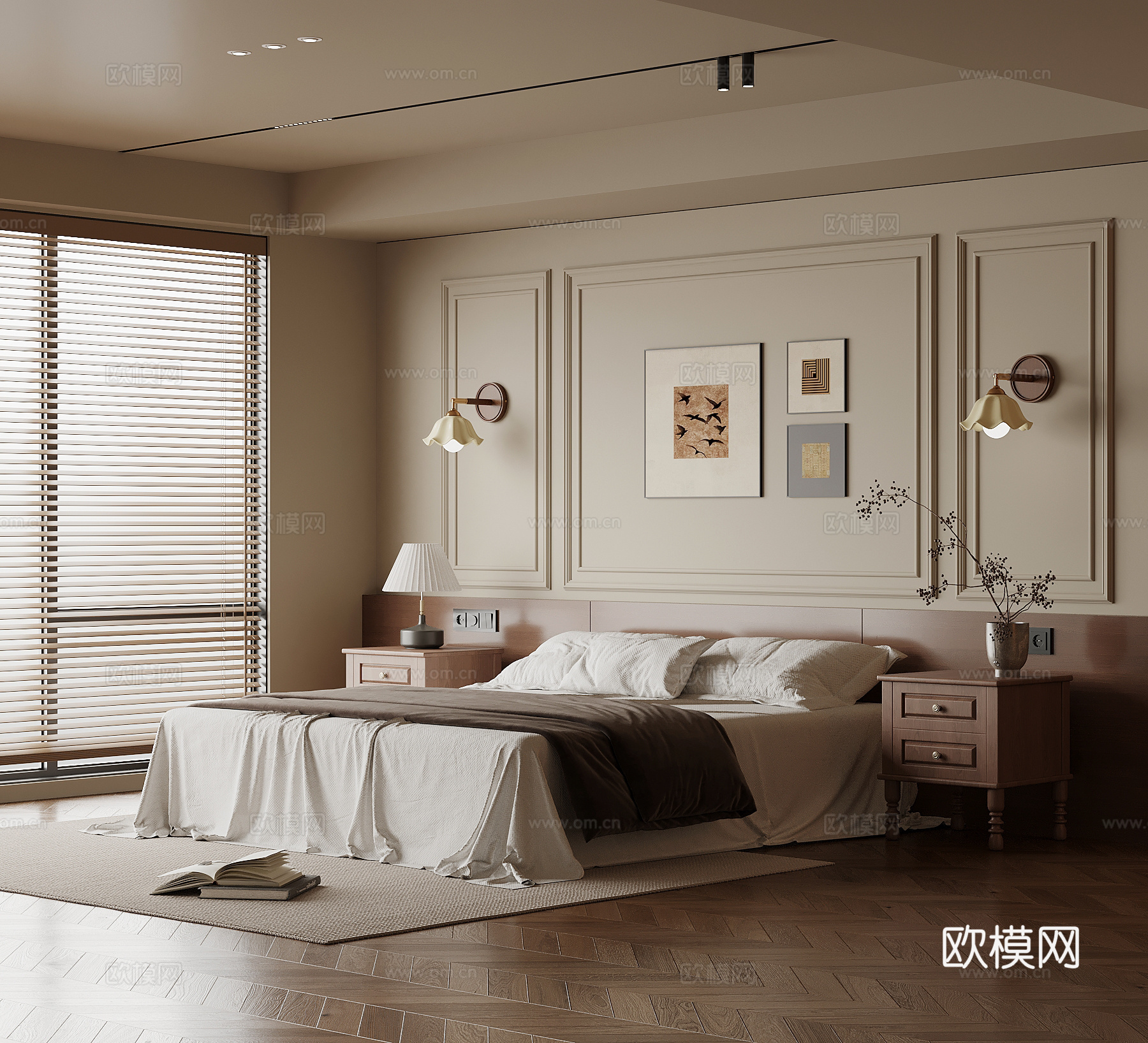 法式中古风卧室 家居卧室 床头柜 双人床su模型
