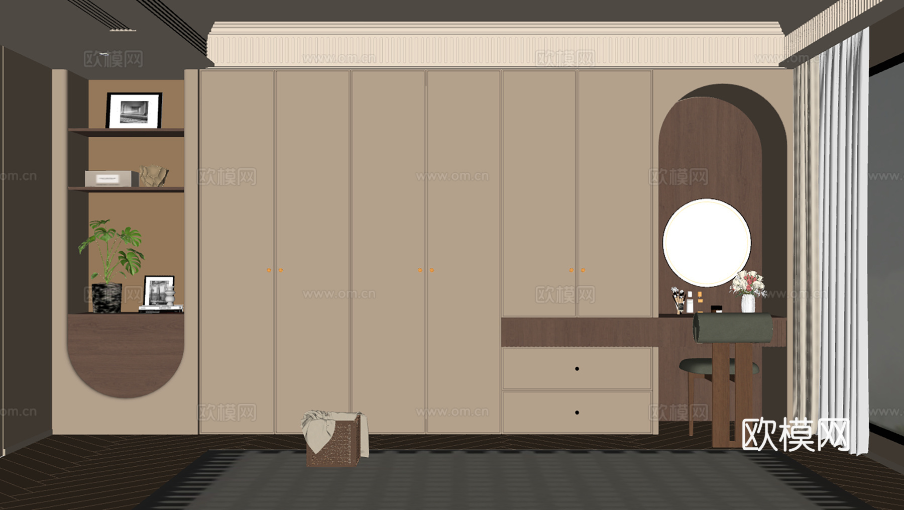 法式中古风卧室衣柜衣柜接梳妆台端景柜主卧衣柜梳妆柜su模型