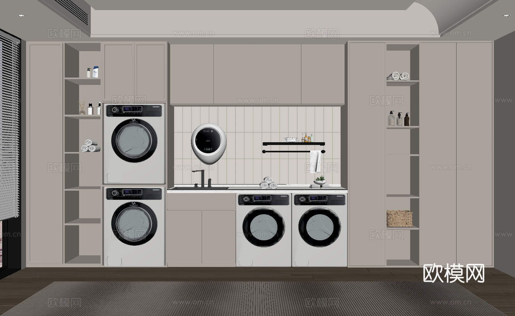 现代洗衣房 现代洗衣机柜 晾衣架su模型