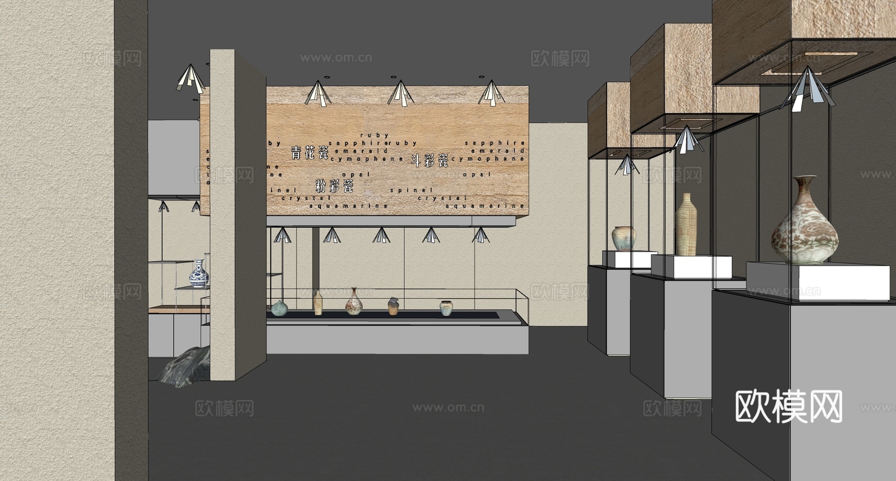 新中式陶瓷博物馆 陶瓷展厅 瓷器展柜su模型
