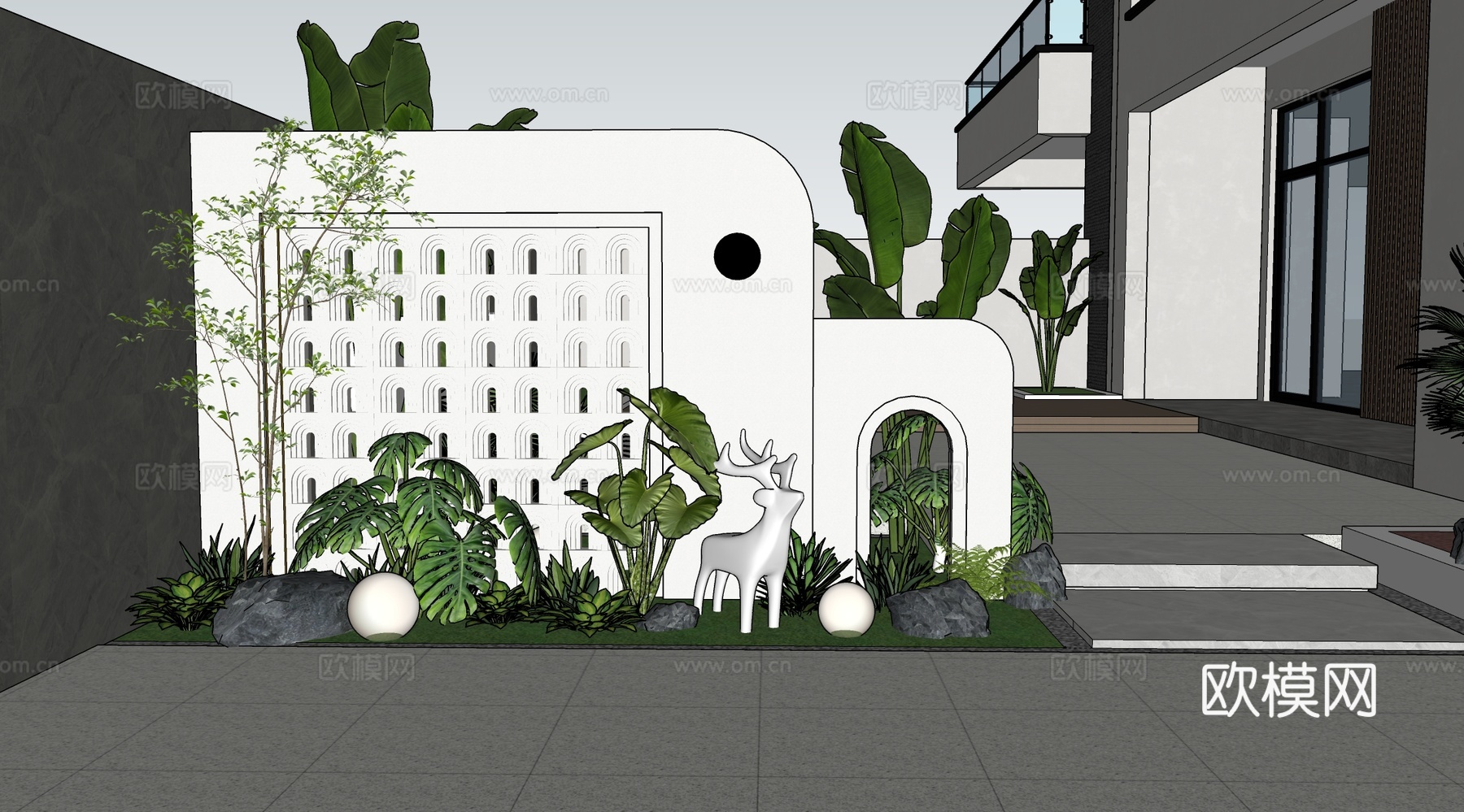 现代法式景墙 庭院入户景墙 别墅庭院 景墙照壁su模型