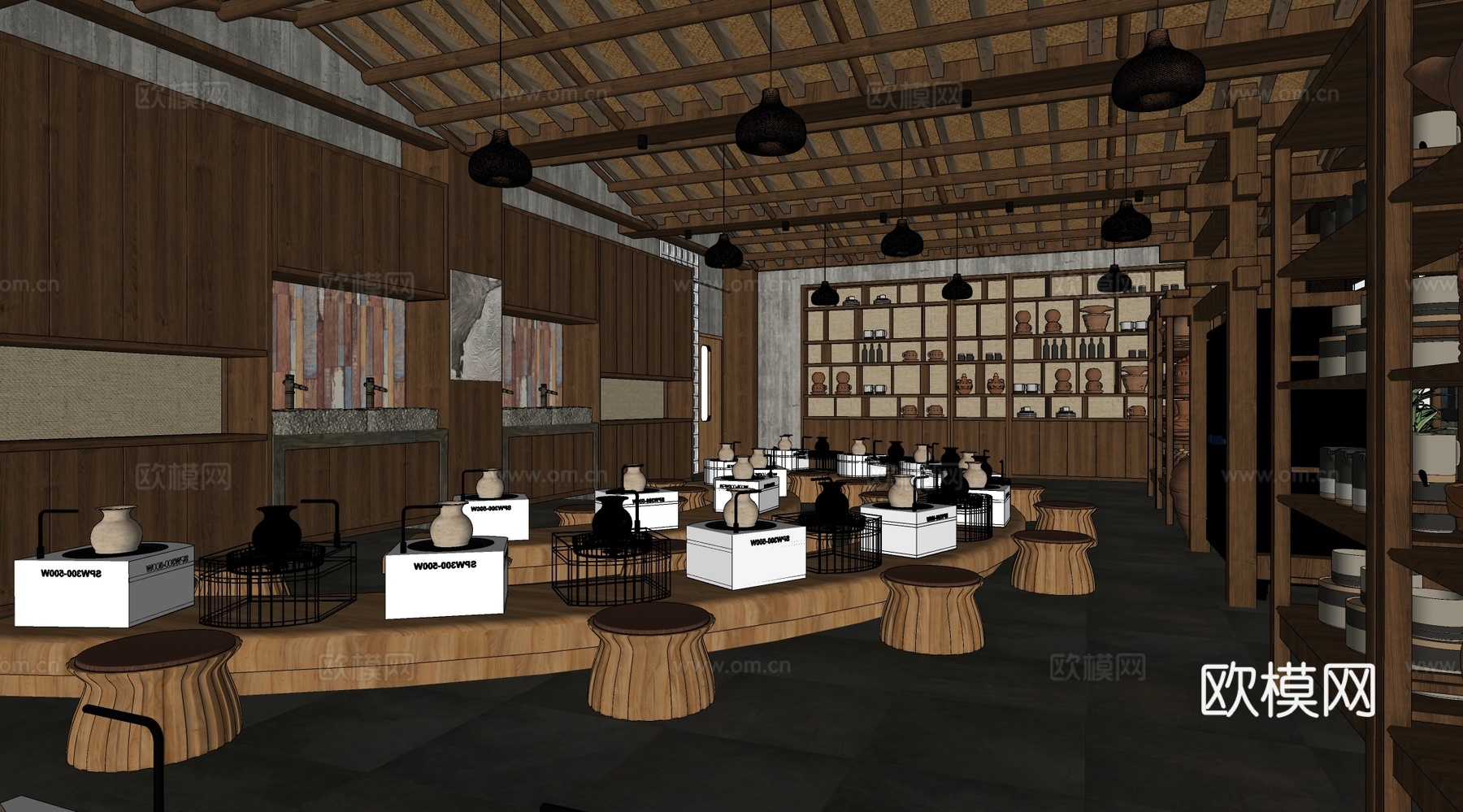 原木风陶瓷展厅 陶瓷教室 瓷器博物馆 文化艺术展厅su模型