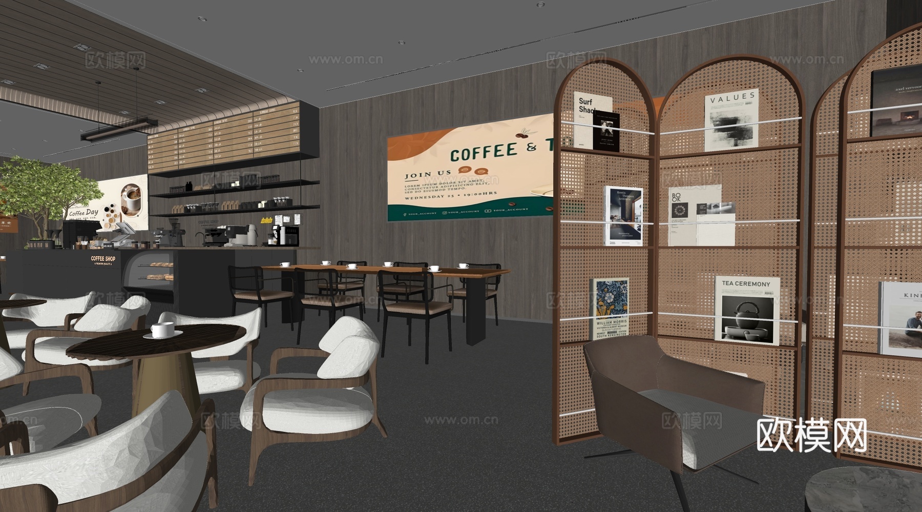 现代咖啡厅 吧台水吧台 咖啡厅休闲桌椅 咖啡卡座 书吧su模型