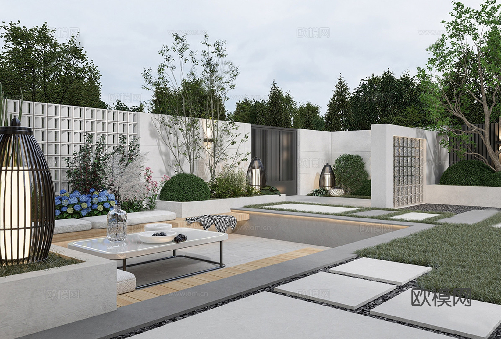 园林庭院景观 景观园林小品 新中式日式禅意 植物墙花园su模型