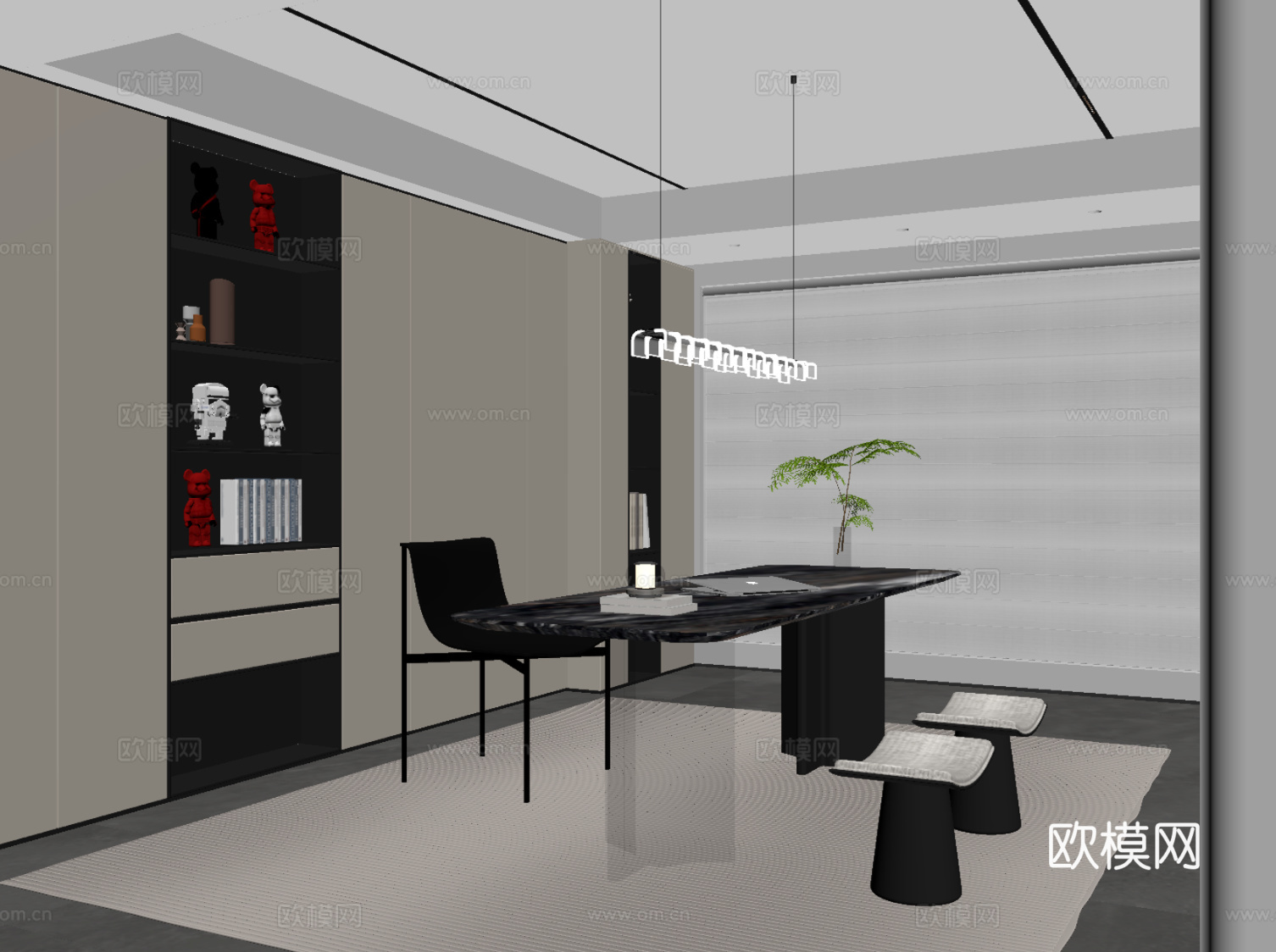 现代意式书房 书桌椅 书柜su模型