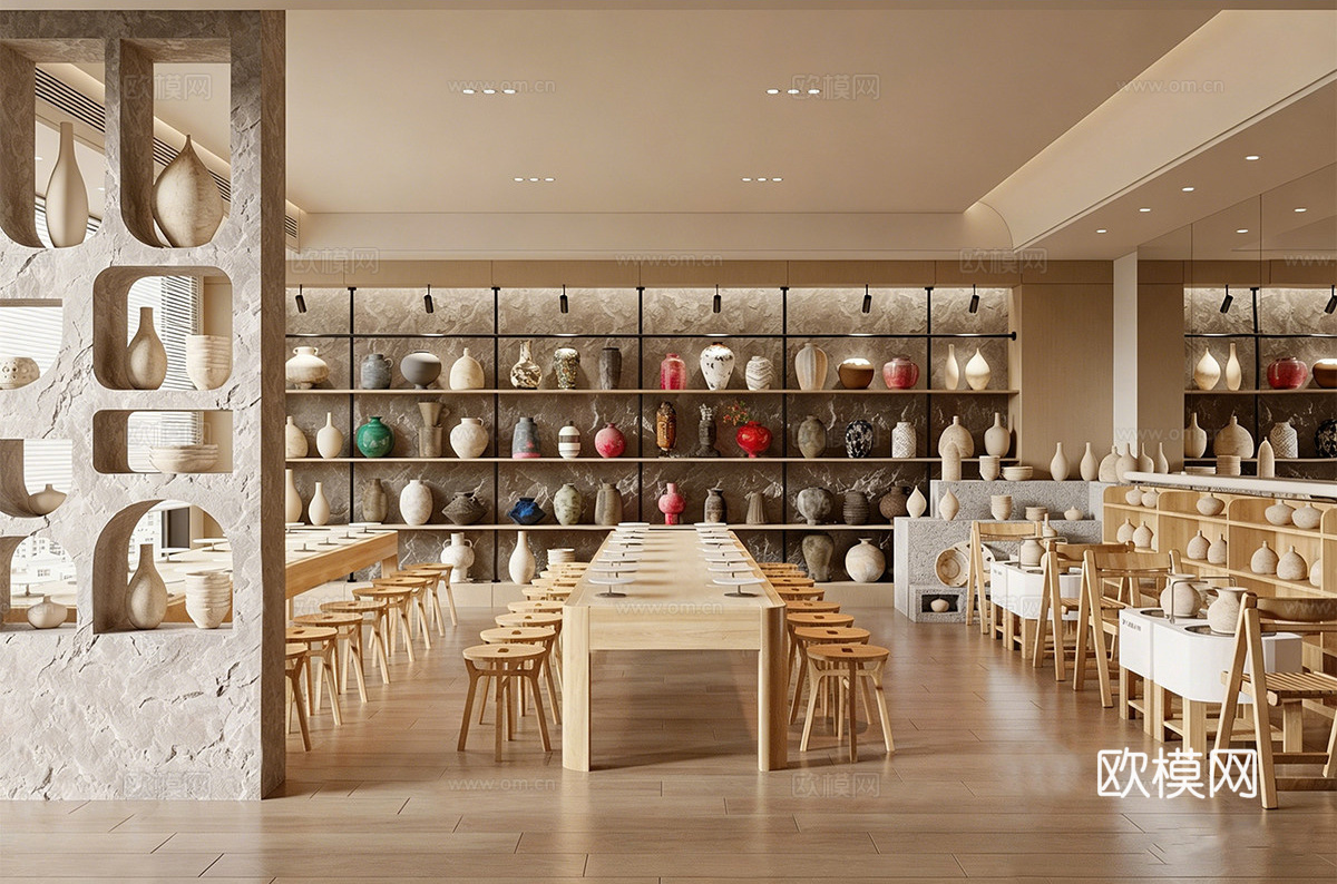 现代陶艺教室 陶艺体验馆 陶艺工坊 陶艺桌su模型